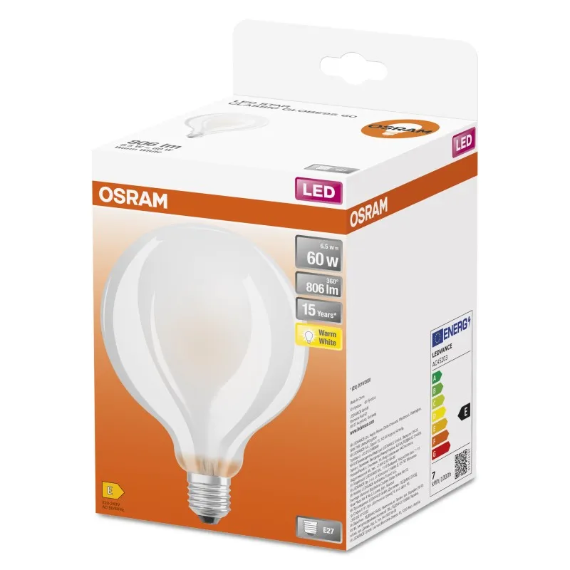 Ampoule LED Filament E27 Globe Dépolie 6.50 W : 60 W Blanc chaud 2700 K - OSRAM