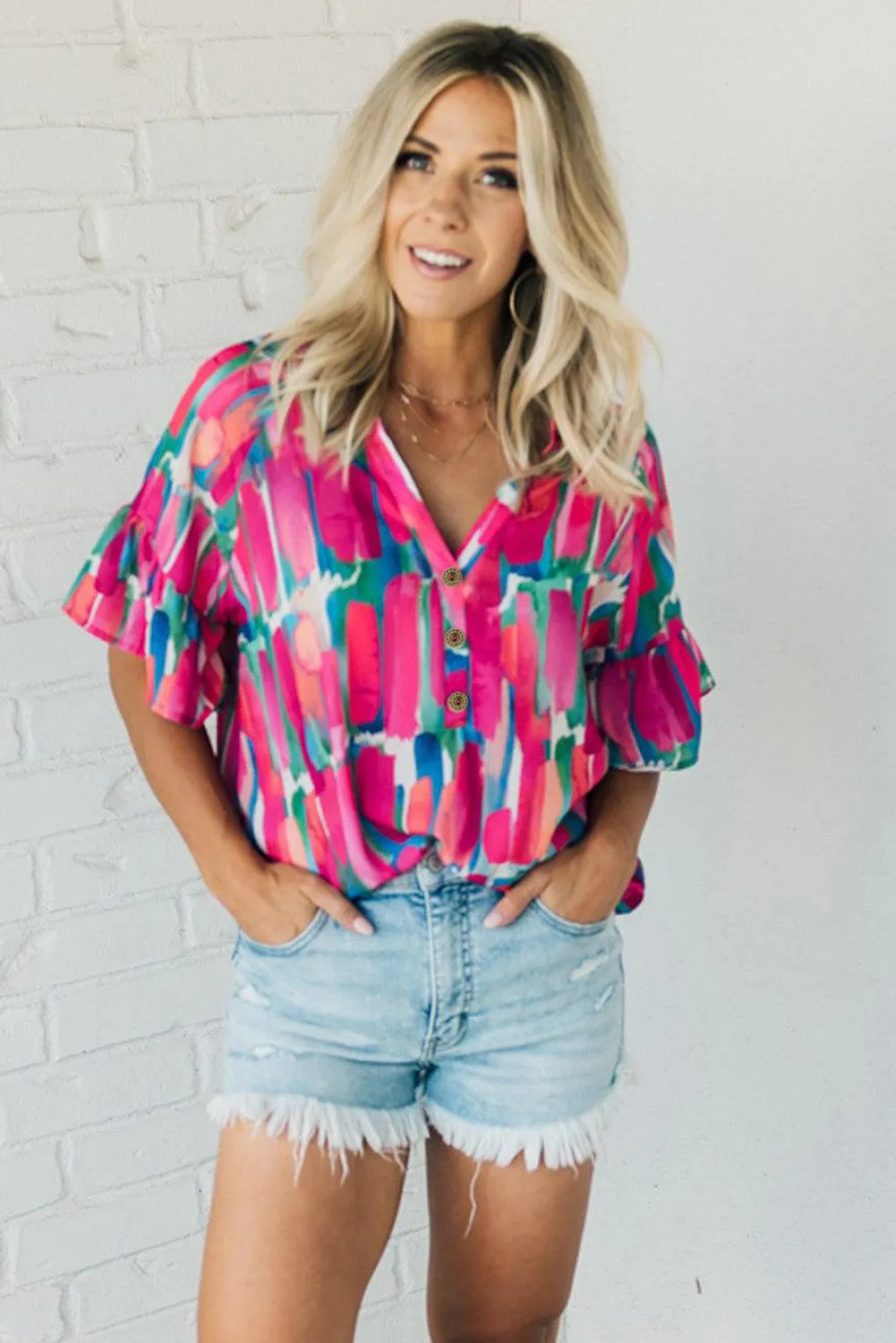 Blouse boutonnée à col en V et imprimé pinceau abstrait rose
